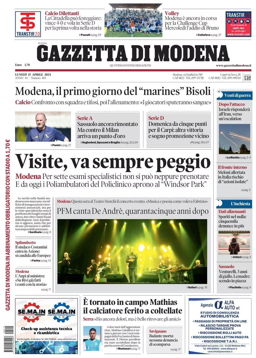 Prima-pagina-gazzetta di modena-oggi-edizione-del-2024-04-15